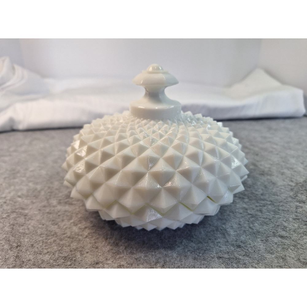 Vintage White Milk Glass Hobnail Diamond Point Lidded Trinket Dish Candy Jar - Picture 2 of 6